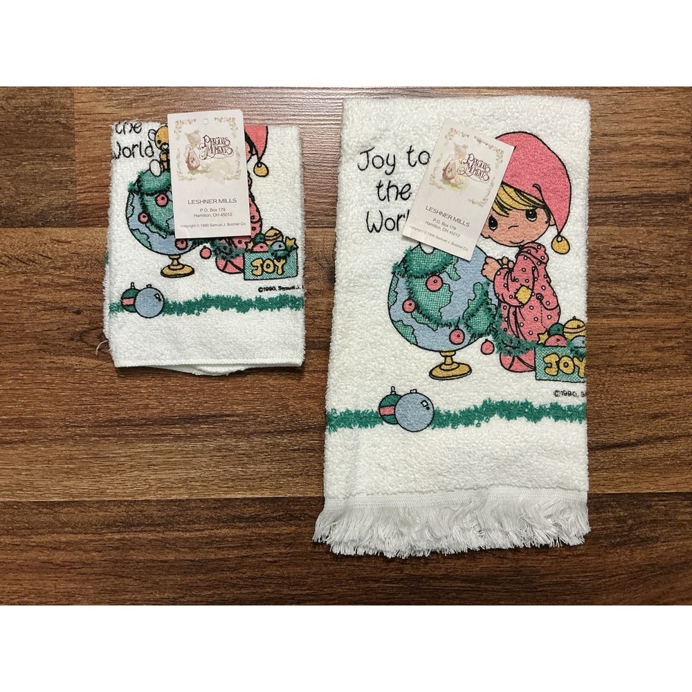 1990 Precious Moments JOY TO THE WORLD Hand Towel & Wash Cloth Holiday New W/Tag